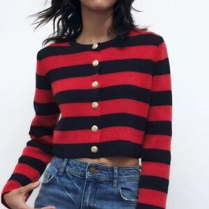 Zara cropped striped button up sweater navy and red size small